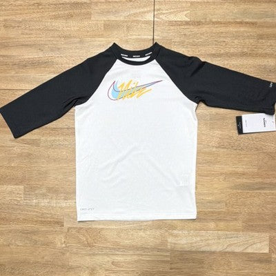 Nike Boys Rash Guard DRI-FIT UPF White/Black Logo Size M NESSC745-100