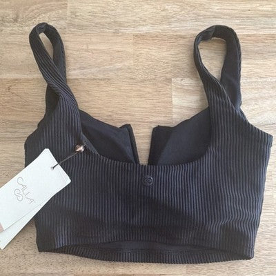CALIA Ribbed Sports Bra Black XXS Medium Support Removable Pads UPF 50+