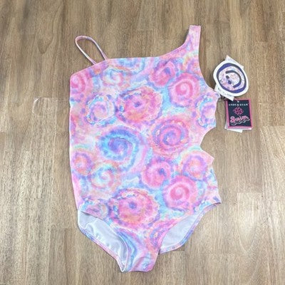 Girls One Piece Swimsuit Pink Multicolor Swirl L (12/14)