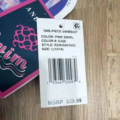 Girls One Piece Swimsuit Pink Multicolor Swirl L (12/14)