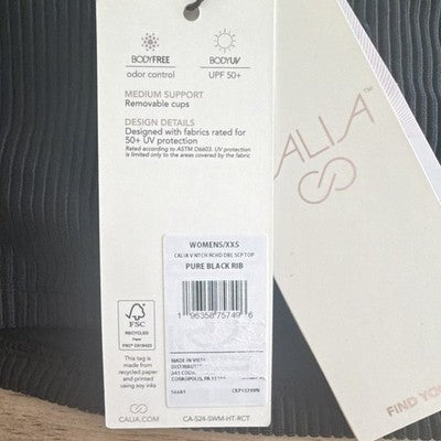 CALIA Ribbed Sports Bra Black XXS Medium Support Removable Pads UPF 50+