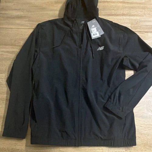 New Balance Men's Windbreaker Jacket Black M Full-Zip Hooded MJ41018 Polyester