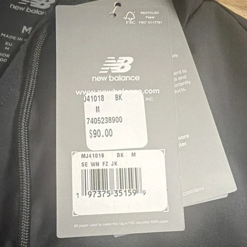 New Balance Men's Windbreaker Jacket Black M Full-Zip Hooded MJ41018 Polyester